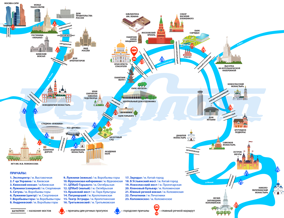 Причалы и карта маршрутов теплоходов в Москве